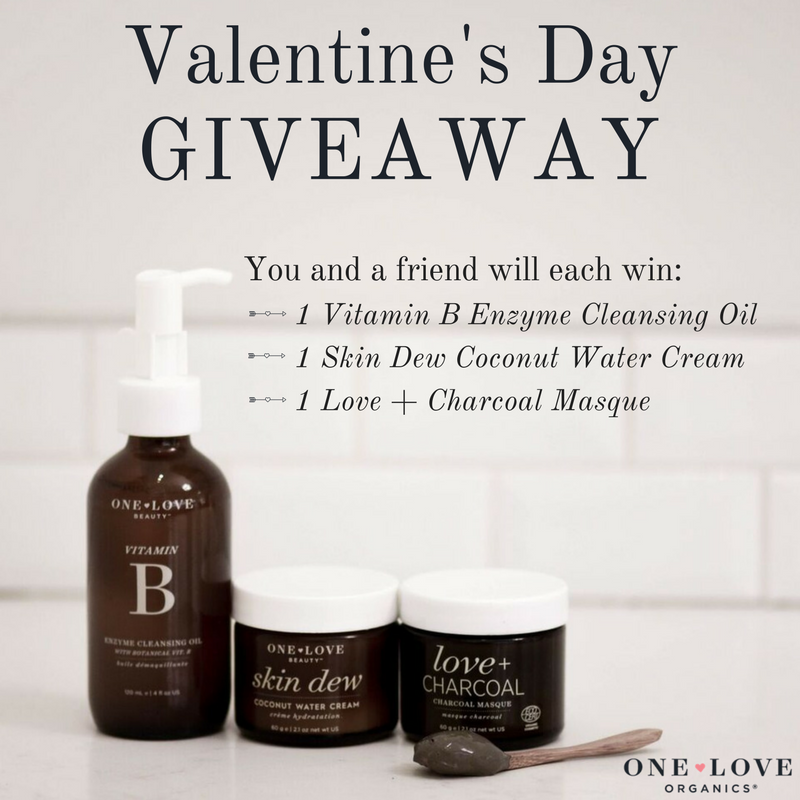 Valentine's Day giveaway. you and a friend will each win: 1 vitamin b enzyme cleansing oil, 1 skin dew coconut water cream, 1 love and charcoal masque 