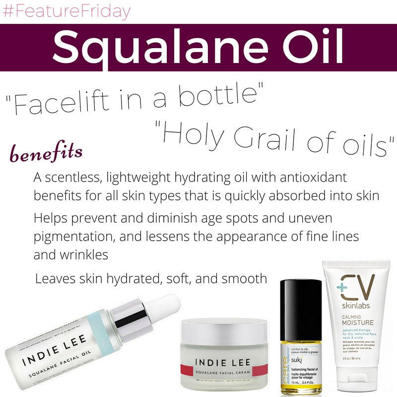 squalane oil benefits: a scentless, lightweight hydrating oil with antioxidant benefits for all skin types that is quickly absorbed into skin. helps prevent and diminish age spots and uneven pigmentation, and lessens the appearance of fine lines and wrinkles. leaves skin hydrated, soft, and smooth.