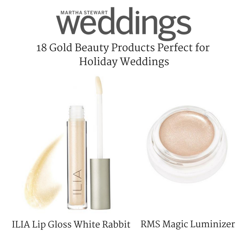 18 gold beauty products for holiday weddings. featuring ilia lip gloss in white rabbit and rms magic luminizer. article from martha stewart weddings