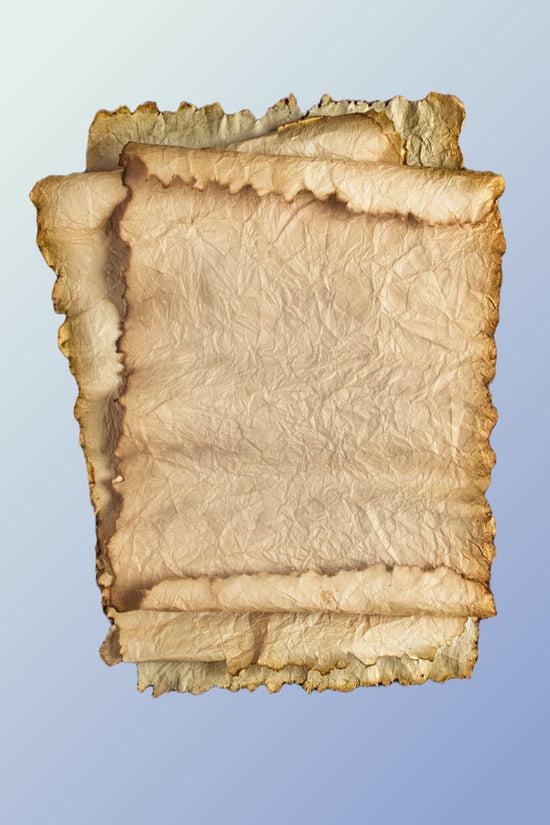 A stack of aged, crumpled scrolls with burnt edges, representing Mr. Smoe's Scrolls of Souls. The parchment appears weathered and fragile, evoking a sense of ancient knowledge and forgotten voices waiting to be read.