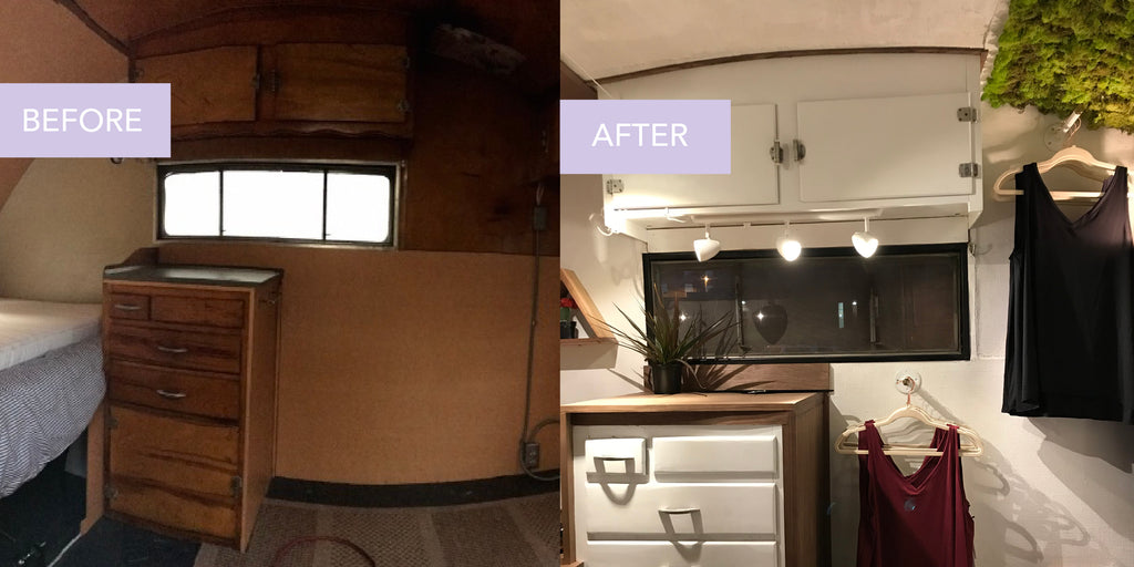 Before after camper renovation of MADI Apparel's new mobile boutique