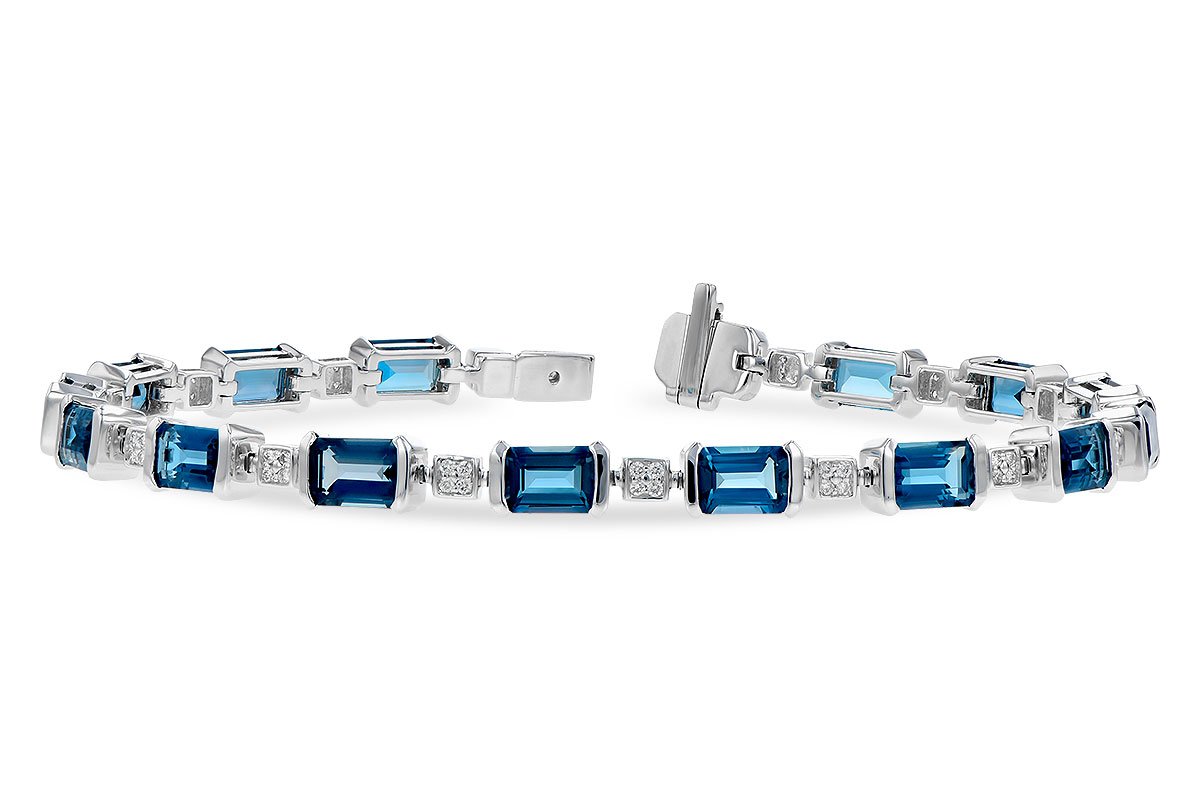 14K White Gold Emerald Cut London Blue Topaz and Diamond Tennis Bracel