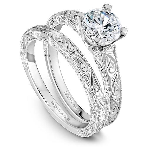 14K White Gold Traditional Hand Carved Engagement Ring #807A