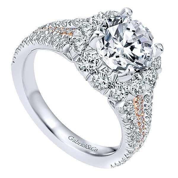 7K White Gold Triple Shank Style Halo Diamond Engagement Rin ...