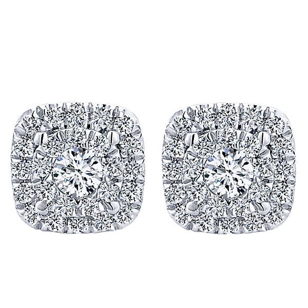 14K White Gold 1/4ct Cushion Shaped Halo Cluster Diamond Stud Earrings ...