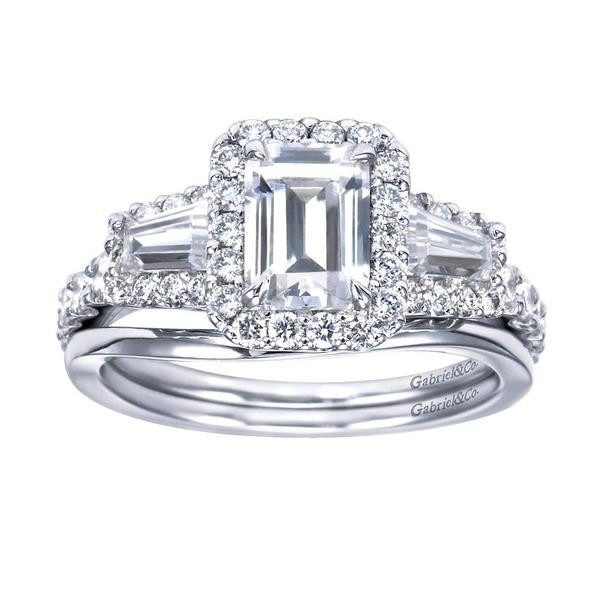 Halo Emerald Cut and Baguette Diamond Engagement Ring - Mullen Jewelers