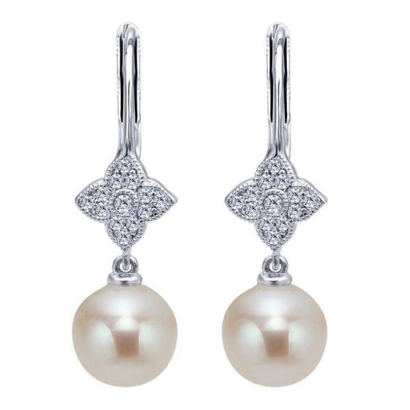14k white gold pearl and diamond vintage style drop earrings - Mullen ...
