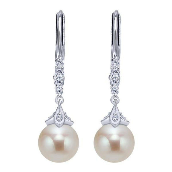 14k white gold pearl and diamond vintage style drop earrings - Mullen ...
