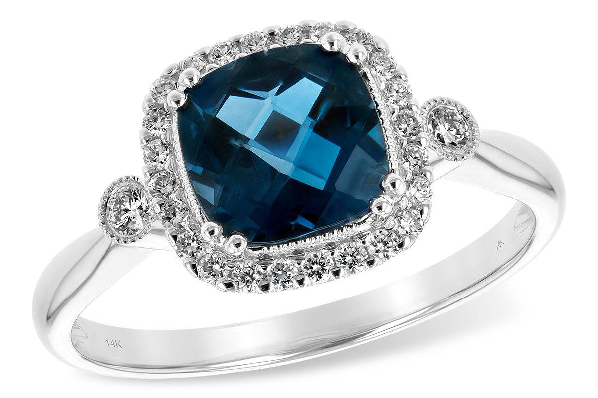 14K White Gold Cushion  Cut  London  Blue  Topaz  and Diamond 