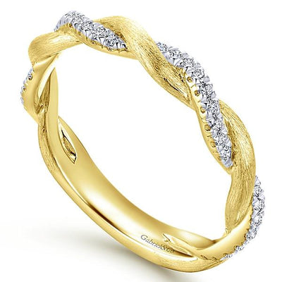 ring crossover stackable 14k woven diamond yellow gold