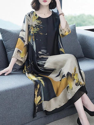 flowersverse Women's Shift Dress Maxi Long Dress - Long Sleeve Geometric Hot Slim Black - FLOWERSVERSE