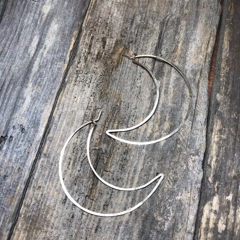 handmade crescent moon hoop earrings, silver, rose gold, gold-filled, beth jewelry