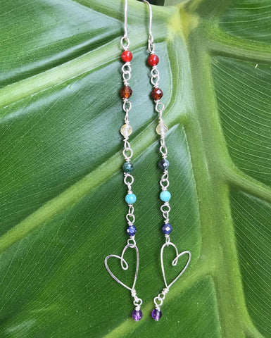 Handmade dangly heart earrings with rainbow colored beads