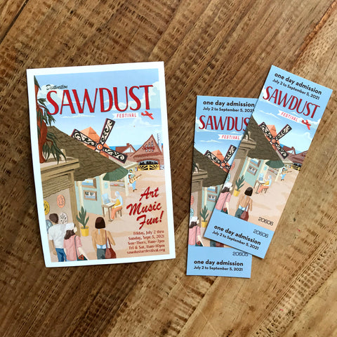 sawdust art festival image of postcard and tickets