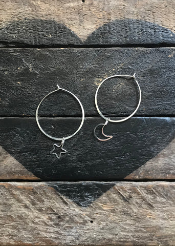 dainty crescent moon and star mismatched handmade hoop earrings, sterling silver, gold-filled, beth jewelry