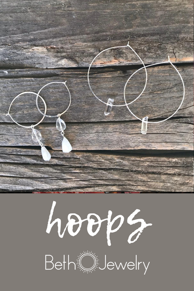 handmade delicate silver hoop earrings with moonstone and quartz crystal beads