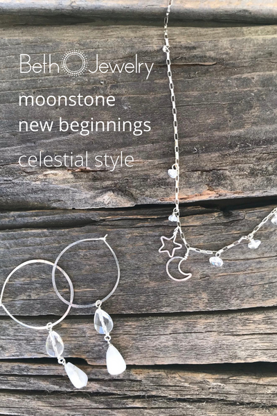 moonstone and quartz crystal handmade hoop earrings and crescent moon and star silver necklace