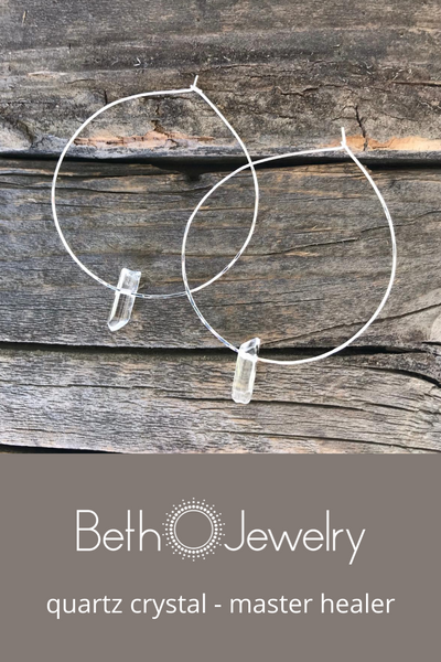 delicate quartz crystal handmade silver hoop earrings