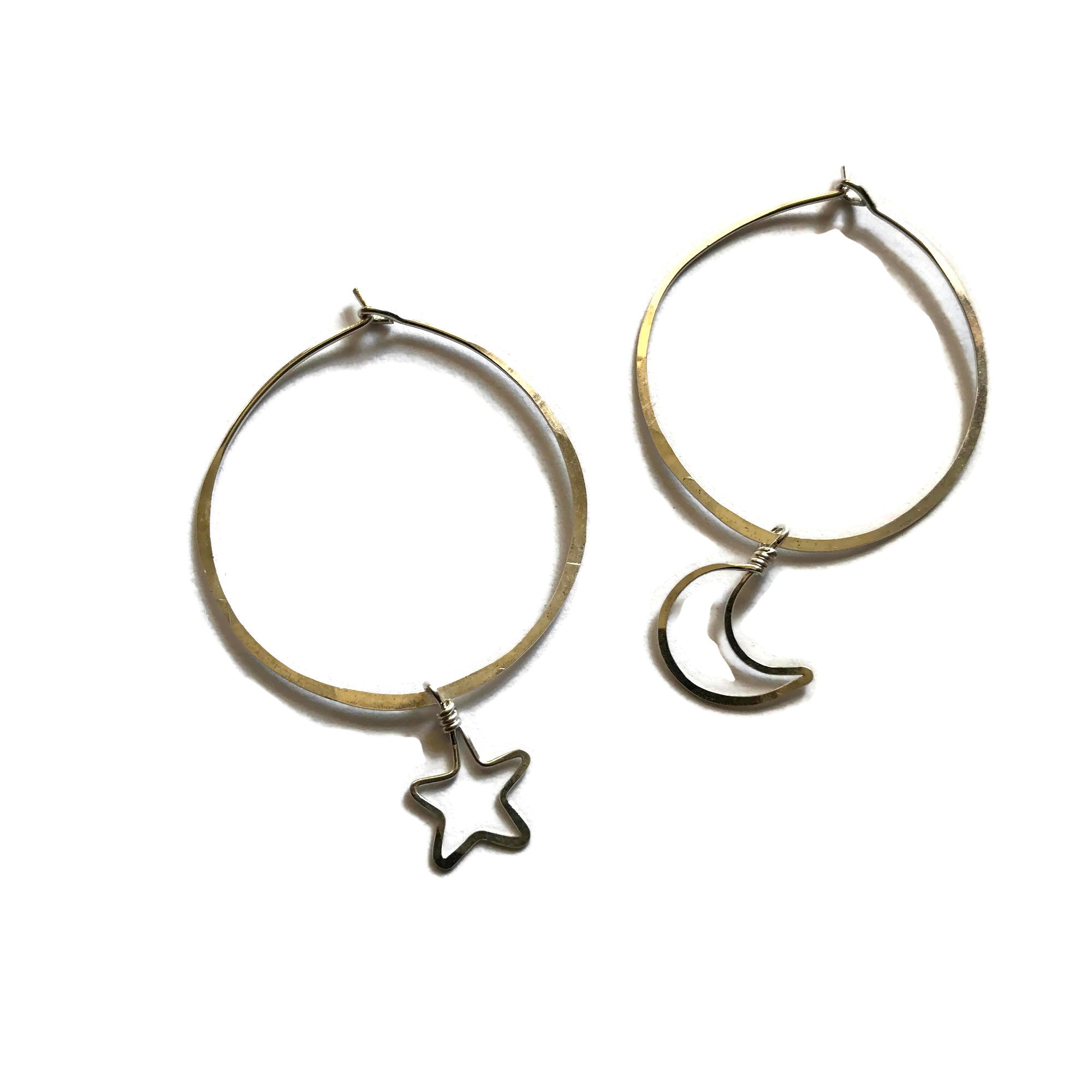 Hammered Hoop Earrings with Crescent Moon & Star