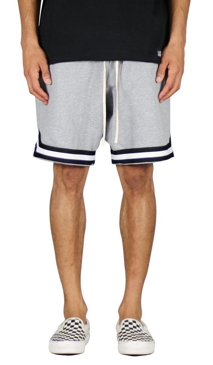 man wearing heather gray sweat shorts