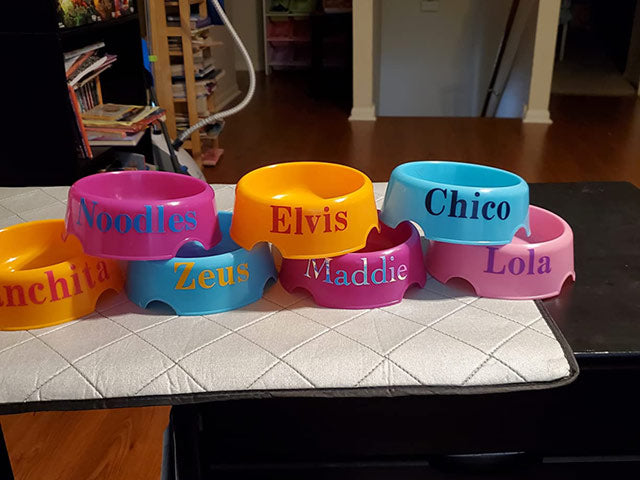 7 plastic dog bowls with printed dogs name on the table 