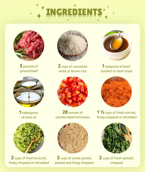 ingredients of homemade dog food with beef and vegetable