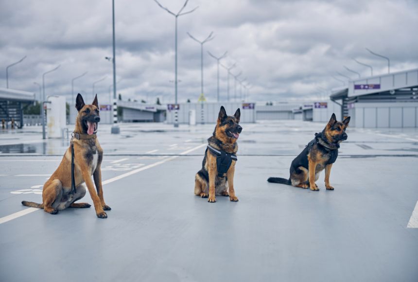 three police dogs sits on the ground