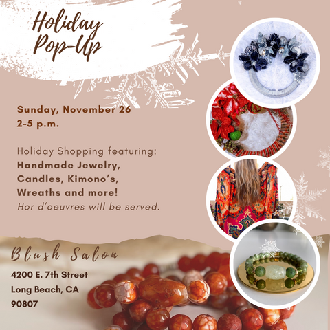 Holiday Pop-up flyer for handcrafted gifts: candles, jewelry, kimono's, wreaths, and more.