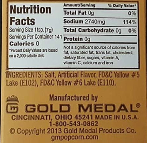 Gold Medal Flavacol Nutrition label