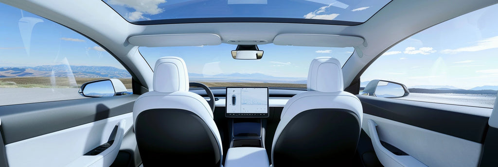Tesla with glass roof Upward View of Tesla Model Y and Model 3 with Glass Roofs Without Sunshade Equipment