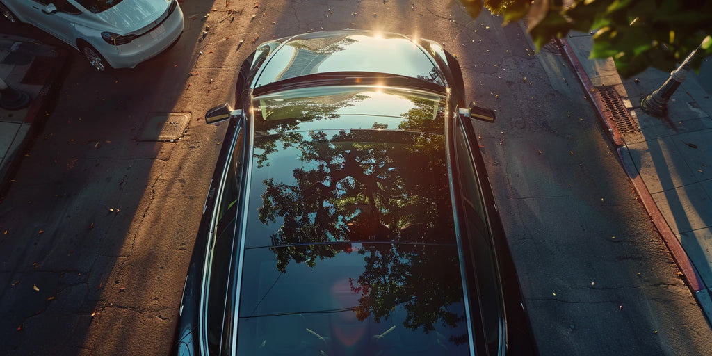 A black Tesla is driving along the street