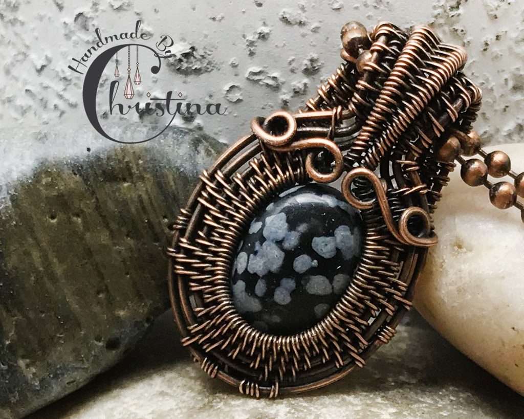 Handmade Oxidized Copper Wire Woven & Snowflake Obsidian Mini Pendant ...