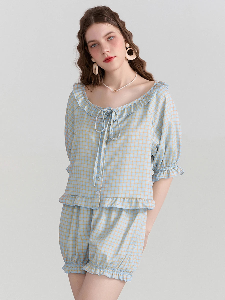 Women's 2-Piece Sleepwear Set with Ruffle Short Sleeve Pajama Top and Lantern Shorts - Image 5