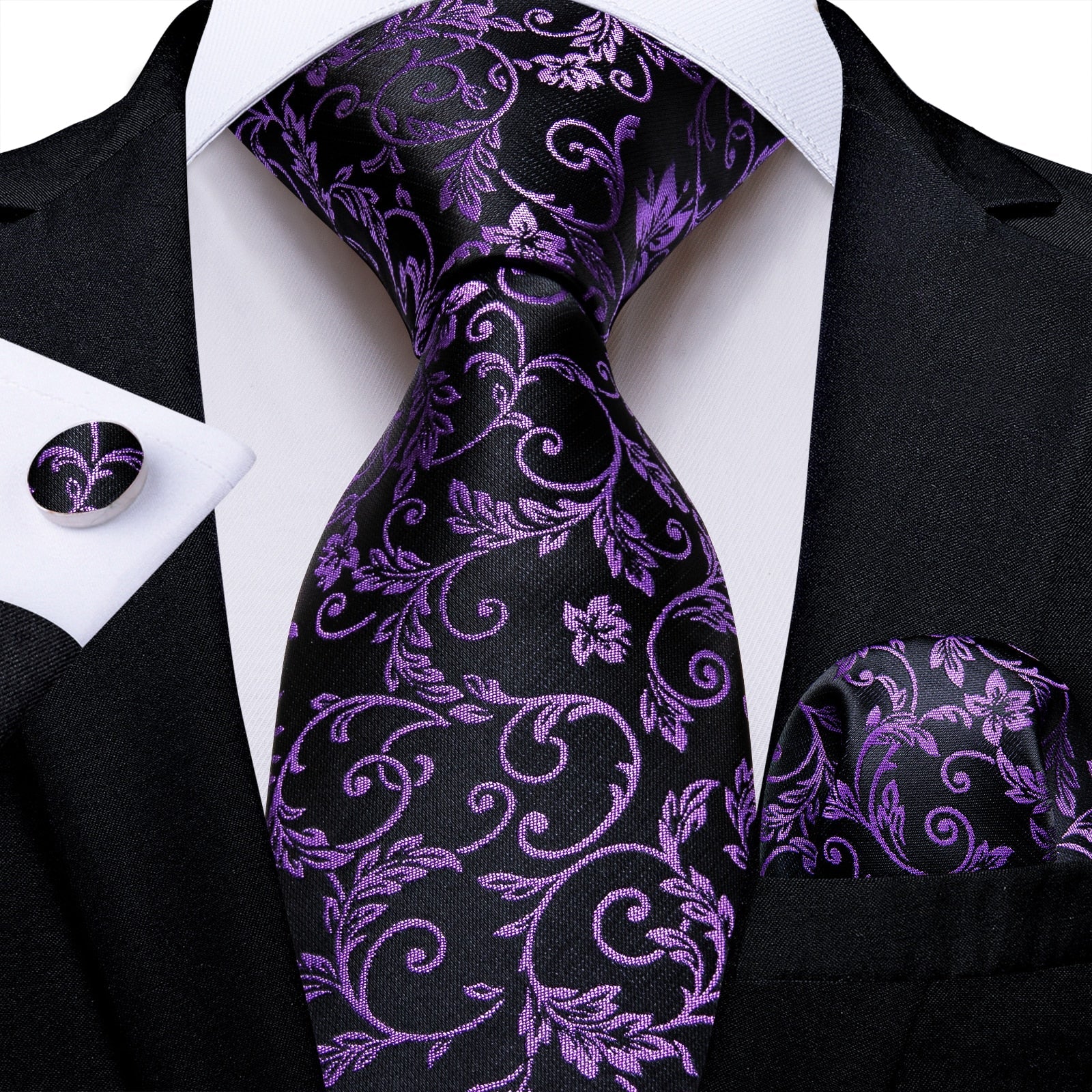 Corbata Negra con Flores Moradas | Corbata Caballero