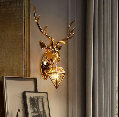 Gold Deer Head Metallic Wall Lamp
