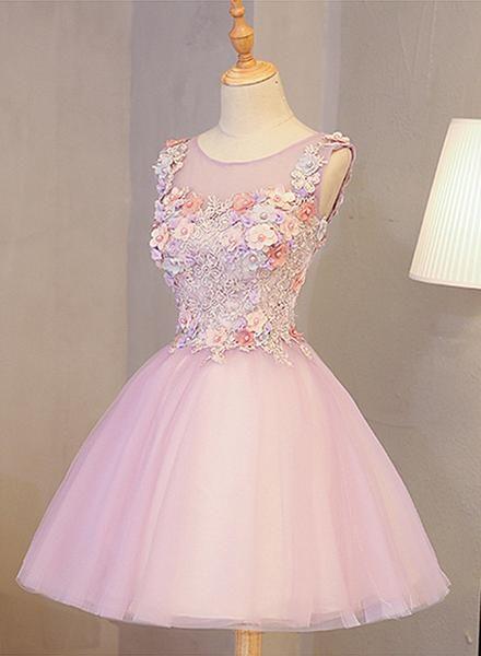Cute Round Neckline Tulle Party Dress With Flowers Lovely Formal Karsyn Pink Homecoming Dresses Dress DZ9063