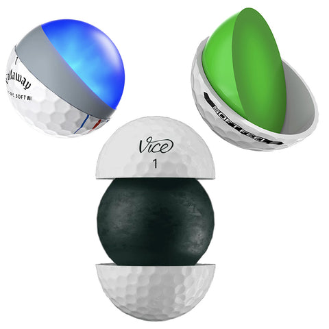 Three examples of cores, covers and mantles of golf balls