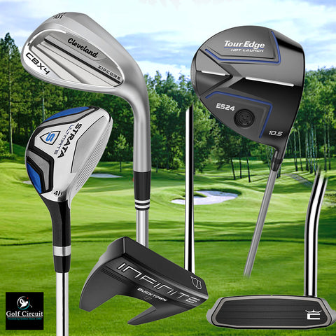 Golf Course in background with individual images of the major clubs- driver-wood-iron-wedges-putter