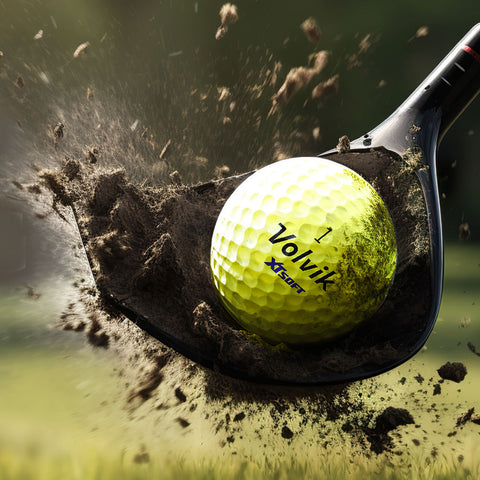 Close up of Volvik yellow golf ball being hit fat with iron