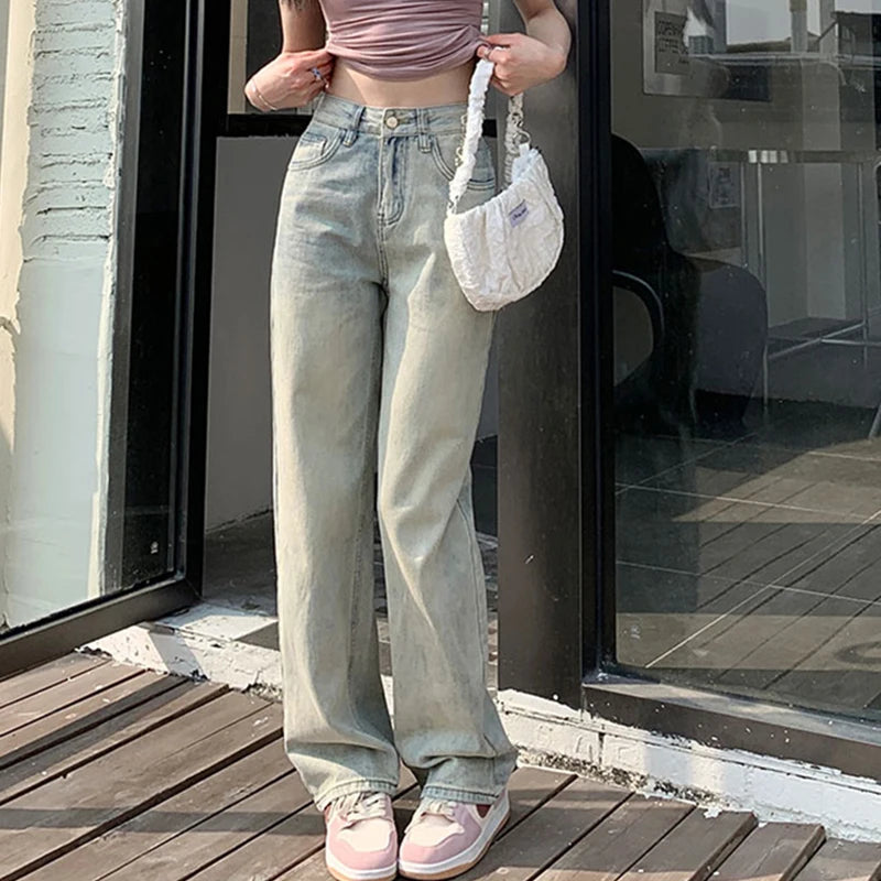 Retro Distressed Wide Leg Jeans High Waist Loose Slim Straight Leg Pants