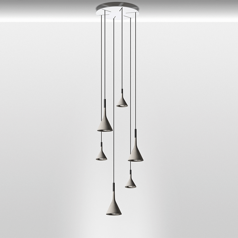 Foscarini Aplomb and Aplomb Mini Pendant in row ands cluster with multiple canopy