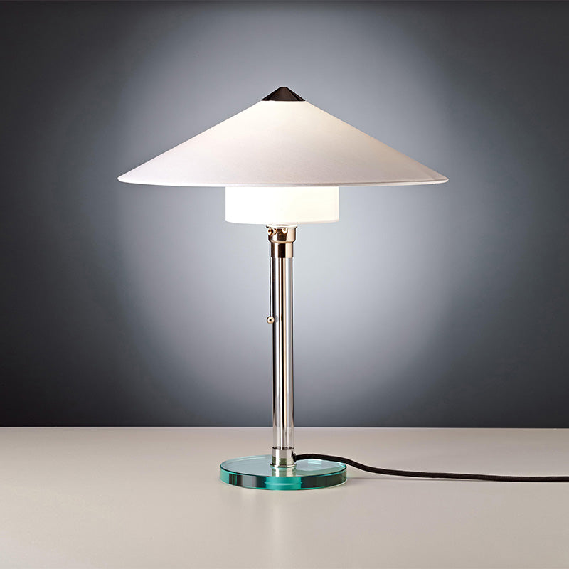 Tecnolumen Wagenfeld W27 Bauhaus table lamp with fabric lampshade and glass base