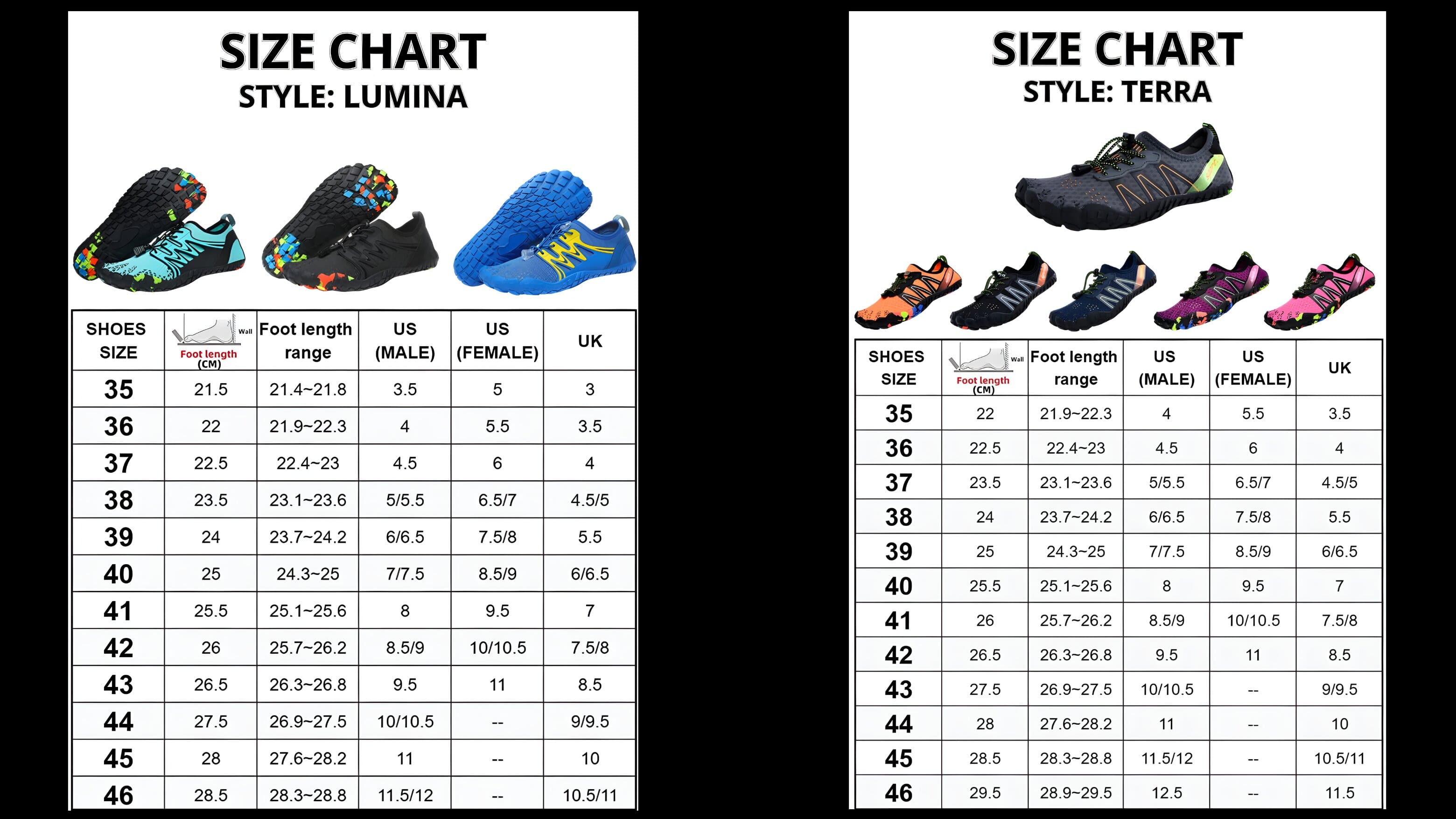 Size guide for AnyWear shoes Terra Style