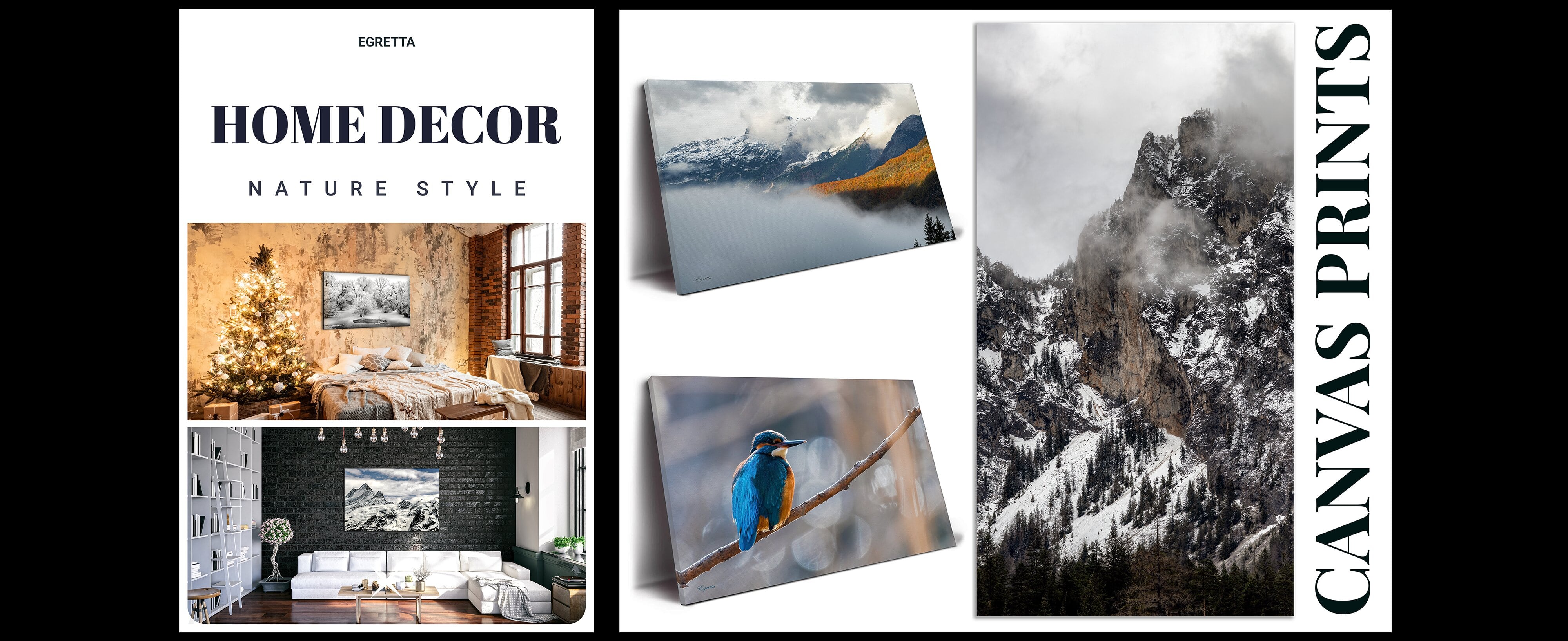 Collection of Egretta home decor canvas prints featuring nature-inspired scenes, with snowy mountain tops, autumn forests, kingfisher bird on a branch, and elegant interior designs with wall-mounted nature canvas art.