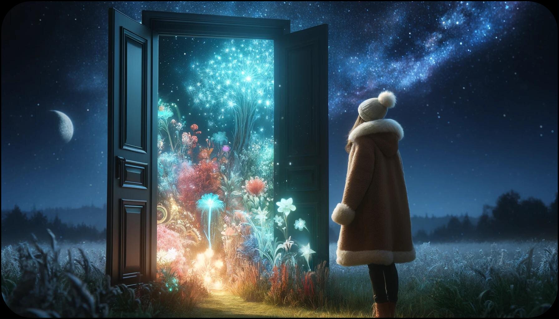 A young woman gazing into a dreamy, surreal world through the open door.