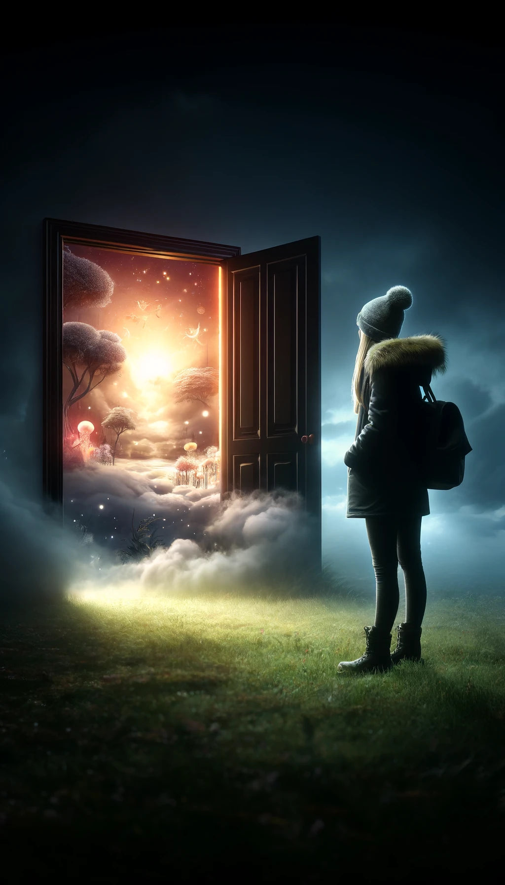 A young woman gazing into a dreamy, surreal world through the open door.