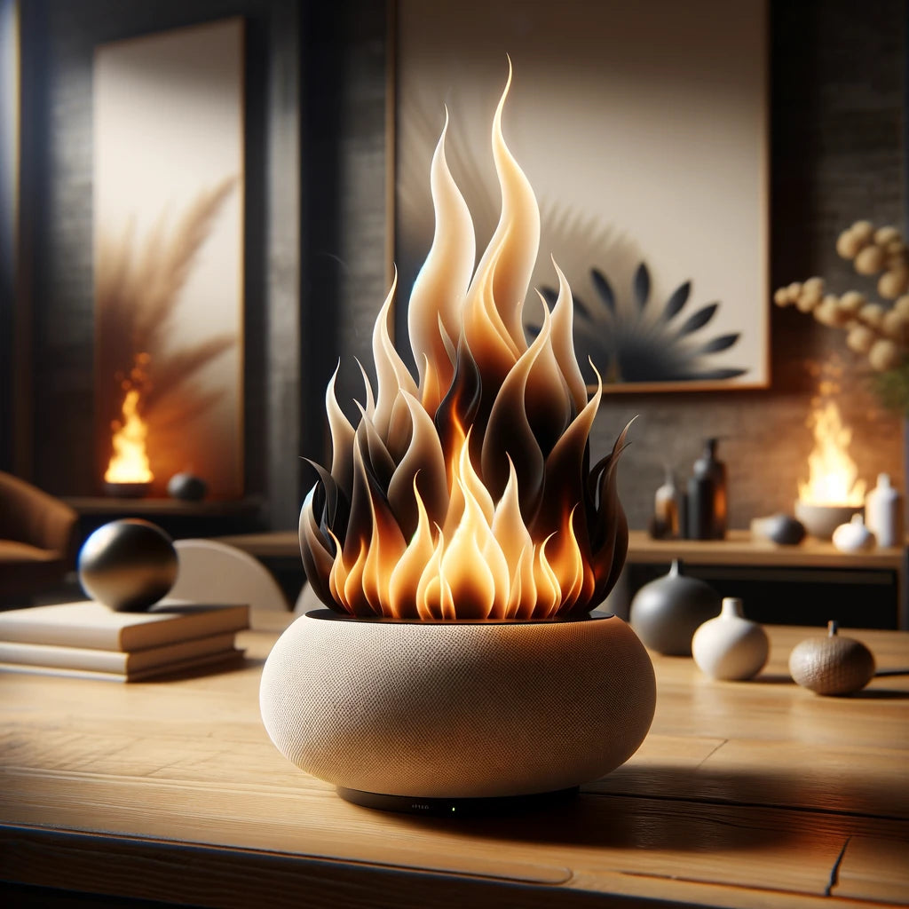 Flame simulation of a aroma diffuser in minimalist beige home ambience.