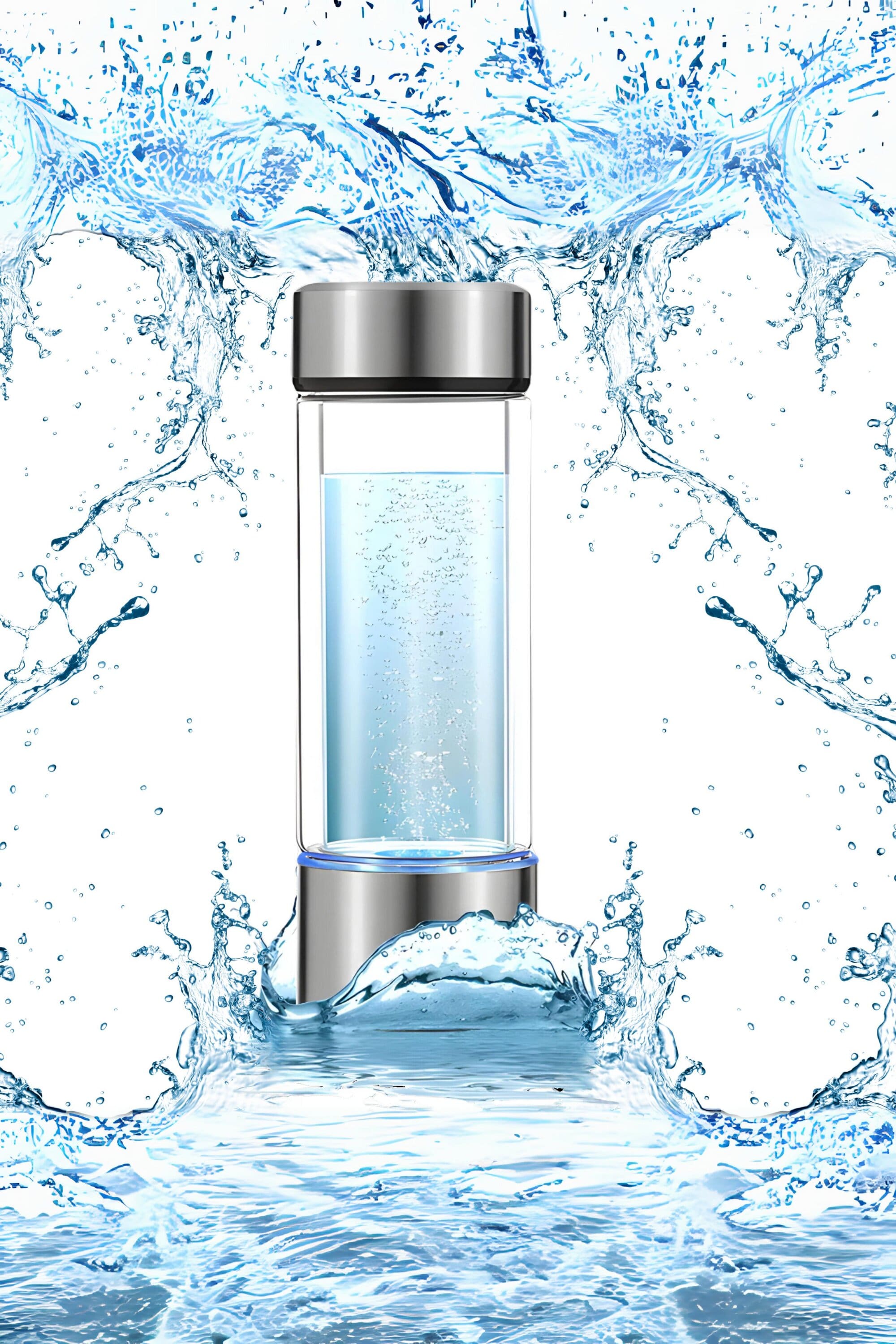 Hydrogen water generator bottle with bubbling water surrounded by dynamic splashes, highlighting the benefits of hydrogen-rich drinking water.
