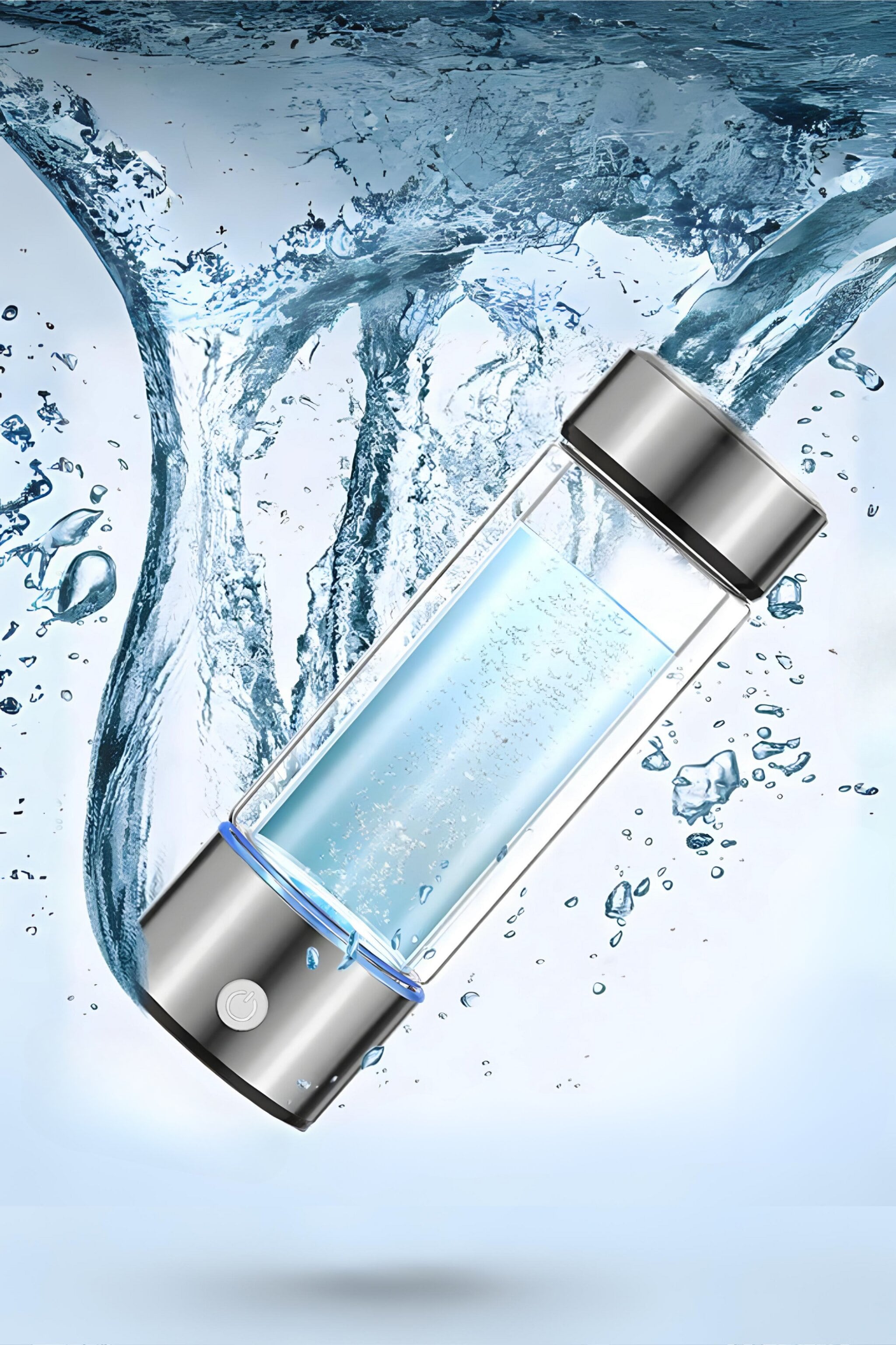 Portable hydrogen water bottle with active bubbling and splashing water on a clear background.