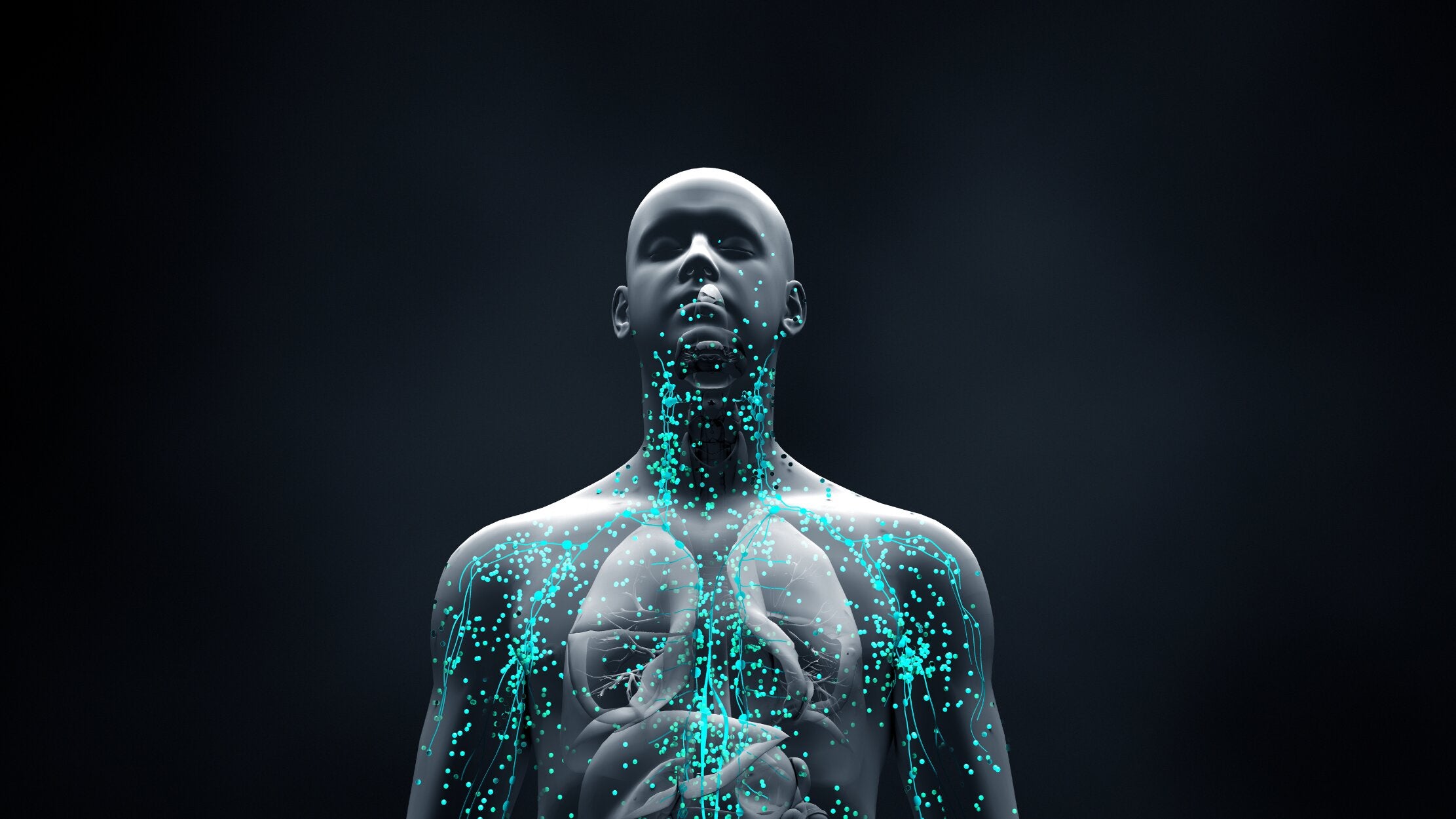 Digital human figure with glowing blue particles representing a boost to the immune system on a dark background.